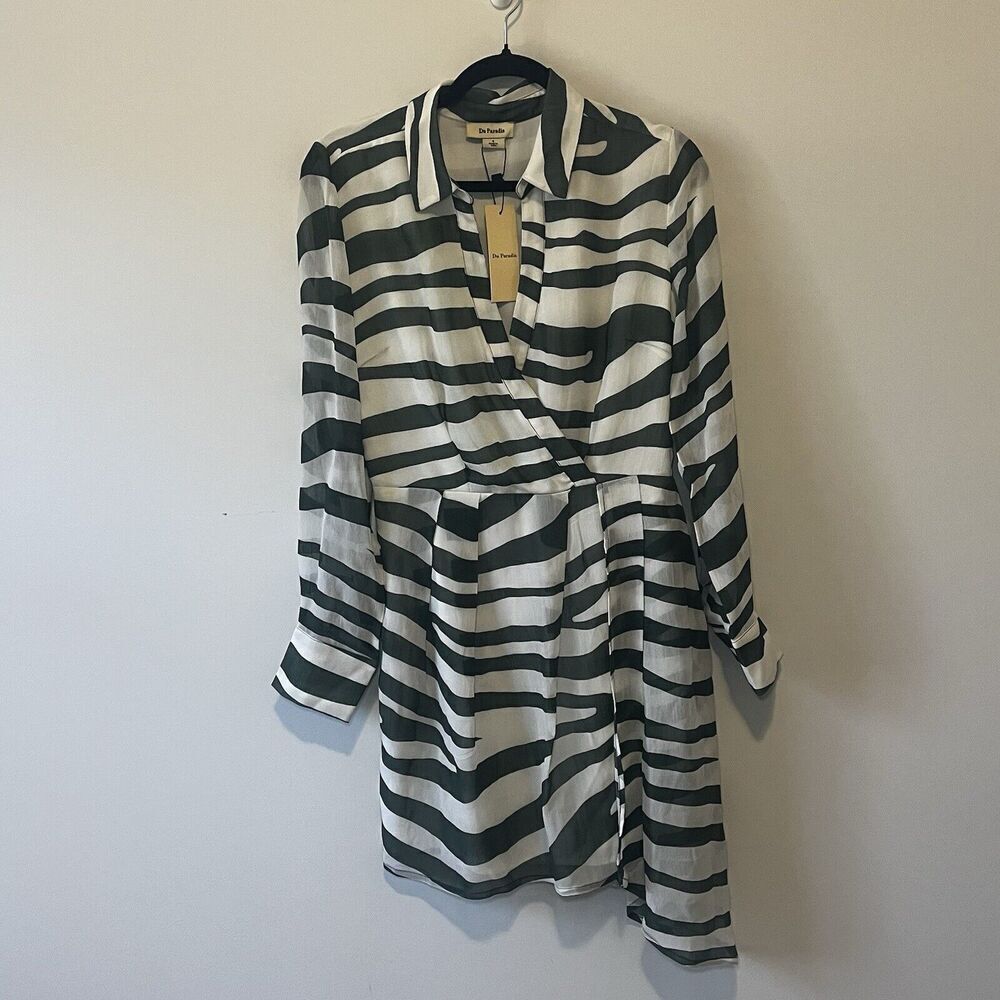 Du Paradis Green Striped Sheer Long Sleeve Shirtdress Womens Size Small